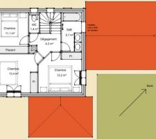 Grosse réflexion sur l'étage. Surfaces des chambres moins déséquilibrées (11-12-13,5 au lieu de 10-11-15), meilleure "circulation" pour l'entrée de la chambre sud.