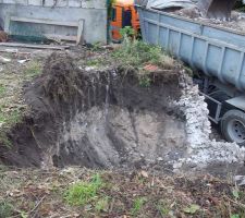 Début du terrassement ; Impressionnant de voir la pelle évoluer dans un si petit espace.