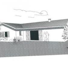 Perspective vu du tarrain a l'arriere de la maison, une terasse sera crée par la suite 6m*3.5m prolonge d'un trottoir faisant le tour de la maison