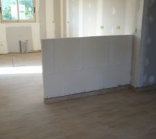 C&ocirc;t&eacute; cuisine : carrelage imitation parquet et muret pour le comptoir