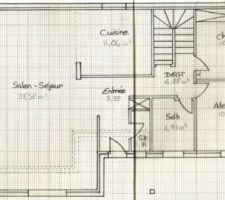 Rez de chaussée: plan que j'ai modifié, il est en attente d'acceptation. la surface sera de 86.88m² ( 30.11m² pour l'étage, soit 116.99m² habitable)