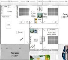 Petites modifications du plan:

 - suppression du couloir d'entée (pour agrandir la Salle à Manger), et déplacement du kz au bout de "l'ex. couloir".
 - ajout d'un 2eme WC (dans la SDB)
 - déplacement du ballon d'eau (permet de libérer de la place pour les deux chambres du fond).
 - terrasse jusqu'à la porte d'entrée.