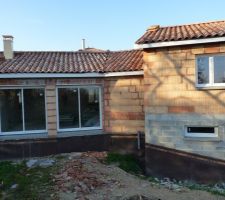 Pose des menuiseries : vue du jardin sur les baies vitrées et notre chambre