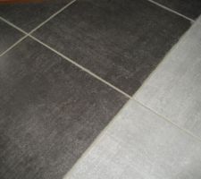 Carrelage de l'espace jour, c'est le gris foncé, il fait 43 x 43 cm