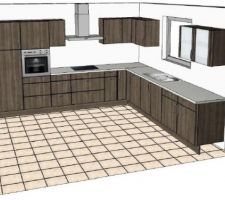 Future coin cuisine ouvert sur le salon/séjour avec accès sur la terrasse. Carrelage définitif couleur gris.