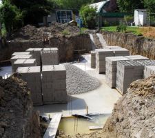 Les parpaings sont arrivés peut de temps après.
L'eau de la nappe phréatique, remonte jusqu'à la moitié de la surface de la dalle...