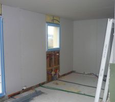 Tout est fait en plaques de Ba13 à l'exception de l'espace salle de bain sur les parties en contact avec de l'eau -paroies de la douche, baignoire et autour du plan vasque. Ces espaces sont réalisés en plaques hydrofuges qualité marine, pré-peintes en blanc également. C'est le coté en contact avec l'isolant qui est vert !