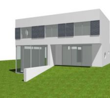 Image 3D de l'avant de la maison avec ses grandes baies vitrées.