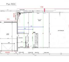 Plan poutre en vert et  poteaux en carré rouge