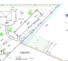 Plan du g&eacute;om&egrave;tre sur lequel on distingue :
- la maison du voisin au Sud-Ouest
- la maison de mon grand-p&egrave;re au Nord-Est
- le b&acirc;ti existant (cabane en bois, terrasse b&eacute;ton et terrain de p&eacute;tanque)
- l'acc&egrave;s au Sud-Est