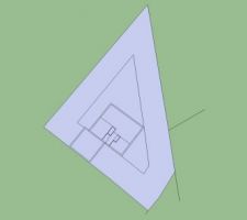 Implantation de la maison 8.40m x 9.60m plus garage en bordure de propri&eacute;t&eacute;.

Acc&egrave;s par le sud-est du terrain

Orientation : NORD vers le haut