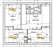 Plan de l'étage avec 3 chambres   1 mezzanine et une SDB. Les traits en pointillés représentent 1,80m. La hauteur en bas de sous-pente et de environ 1m