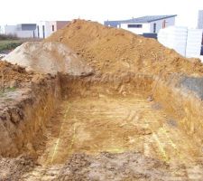 Terrassement de la piscine effectuer. Les lignes jaunes représentent l'emplacement des blocs.