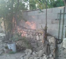 Mur cot&eacute; Sud/Est - mise en place pierres (sur les  parpaings)