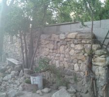 Mur cot&eacute; Sud/Est - mise en place pierres (sur les  parpaings)