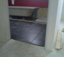 La salle de bain, carrelage noir, fa&iuml;ence rouge et blanche