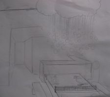 Dessin (très)rapide pour visualiser l'idée d'un luminaire nuage/grêlons en balles de ping-pong. La table à manger serait une table de ping_pong repeinte en blanc.