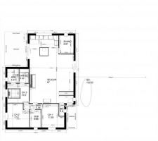 Notre maison de plain pied, toiture 4 pentes avec entrée (4m2) et terrasse (18m2) couverte.
Le but était de réduire les couts de toiture et maçonnerie donc une forme simple (rectangle), peu de perte d'espace (pas de couloir et une grande pièce à vivre lumineuse donnant sur la terrasse.
Notre plaisir : un dressing et un sdb à nous avec douche Italienne et un wc.
On voulait aussi un grand placard à l'entrée (2.35m) et des placards dans toutes les chambres, plus un dans le cellier (on est traumatisés par notre location actuelle où il n'y a aucun placards).