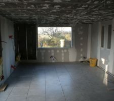 Salon avec fenêtre chassie fixe en fond.