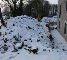 Avant que la neige ne tombe,le terrassier m'a degagé l'arriere de la maison afin que je puisse realiser mon drainage.Va falloir attendre encore un peu...