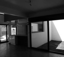 Séjour donnant sur jardinet et cuisine