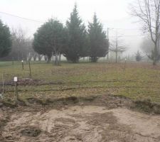 Iplantation comme ça pour voir.... les 4 piquets blancs c'est la maison, accès arrive en bordure