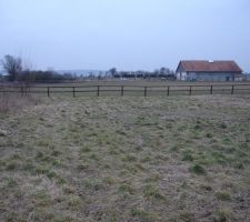 Et voilà, le fond du terrain (façade nord) avec le pré à chevaux (j'ai hâte de voir les chevaux depuis ma cuisine en dégustant une tasse de thé....)
Bon là ça n'est pas très joli, mais aux beaux jours, je prendrai un photo du gazon de notre voisin, moi qui suis une golfeuse, je veux le même !!!! LOL