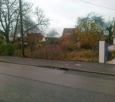Terrain sur rue facade de 13,38 sur 22m environ. Surface de 293m2. Sur la photo le terrain va du mur de la maison au noyer a peu près.