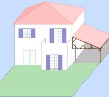 Voici une vue depuis le jardin au sud. En réalité, la toiture est un 4 pans avec une arrête (45°/35°). Ce schéma date de bien avant le dépôt du permis de construire mais permet de se donner une bonne idée du projet.