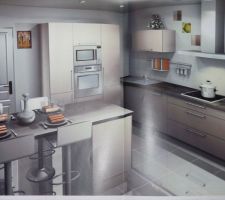 Cuisine STAR de Cuisinella / couleur gris taupe brillant / plan de travail treverton oak