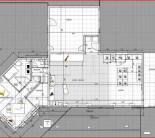 Voilà le plan du rez-de-chaussée. Pas facile d'aménager la suite parentale dans ce L ouvert, mais nous y sommes arrivés, et j'avoue que ça me plaît assez !