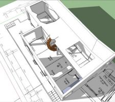 Vue SketchUp de dessus 3/4 Est - étage enlevé et mezzanine percée pour vue aménagements et volumes.