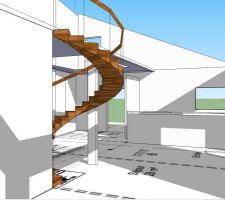 Vue SketchUp Ouest/Est au travers baie virée - étage enlevé et mezzanine percée pour vue aménagements et volumes.