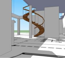 Vue SketchUp intérieure, entrée Est - étage enlevé et mezzanine percée pour vue aménagements et volumes.
