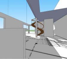 Vue SketchUp,  entrée Est - étage enlevé et mezzanine percée pour vue aménagements et volumes.
