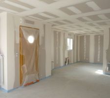 Cuisine et séjour vue du salon avec panneau rayonnant vertical sur un mur
