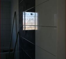 Faïence SDB en cours : devant les 2 bandes de violet, sera posé le sèche serviette blanc