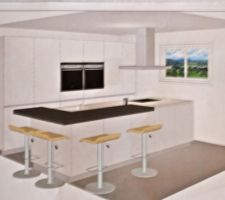 Cuisine laqué blanche avec plan  de travail en quart et partie repas en pierre naturel.