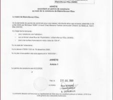 Reçut du permis de construire accordé le 20/07/2009