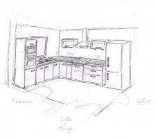 Croquis de plan de cuisine, n'ayant pas vocation à être très précis, ni définitif.