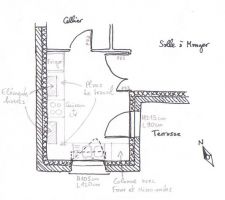 Croquis de plan de cuisine, n'ayant pas vocation à être très précis, ni définitif.