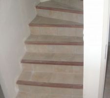 Carrelage marche  contre marche de l'escalier beton avec nez de marche en bois