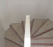 Carrelage marche  contre marche de l'escalier beton avec nez de marche en bois