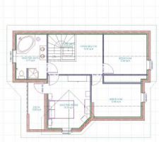 Etage de la maison, contenant 3 chambres, une mezzanine et une salle de bain. A noter que le PLU nous force d'avoir un pied droit d'environ 45 cm ce qui n'ajoute pas à la facilité d'aménagement.