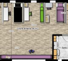 Projet pour la chambre des enfants ! on peu voir l'aménagement des "box", celui où le lit est vert montre le lit replié ! Par contre il n'y a pas les portes coulissantes sur le plan !
