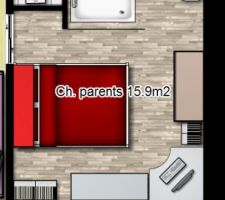 Projet d'aménagement de la chambre-bureau des parents ! Une fois replié, le lit ne prend que la place du rectangle rouge vif et laisse place au bureau !