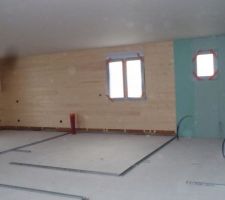 Mur des chambres recouvert de lambris large ; repérage au sol des cloisons ; placo hydrofuge pour la salle d'eau.