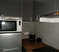 Cuisine Abstrak grise. Plan de travail en chêne massif huilé.
Plaque de cuisson Nutid HIN4 : si on laisse une casserole, un torchon ou si l'on pose la main dessus, elle émet un bip et c'est un peu désagréable.
