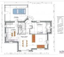 Voilà le plan de notre rez de chaussée! seule différence, la salle d'eau sera un peu plus grande que ce qui est sur ce plan, nous avons fait modifier ce détail après, en prenant un petit peu sur la chambre