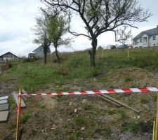 Implantation de la maison pour le terrassement. Espace restant à l'arrière du terrain. Les abres vont être abbatus. Ca n'a pas été facile de defricher cette partie!!